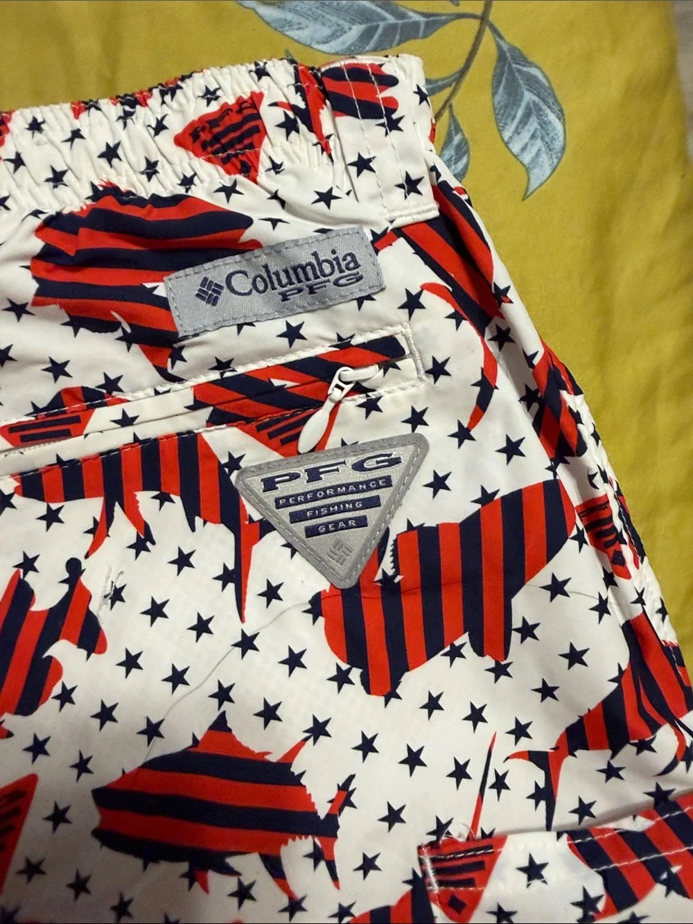 Men’s Columbia PFG White Shorts with Red & Black Stripes - Patriotic Star Print